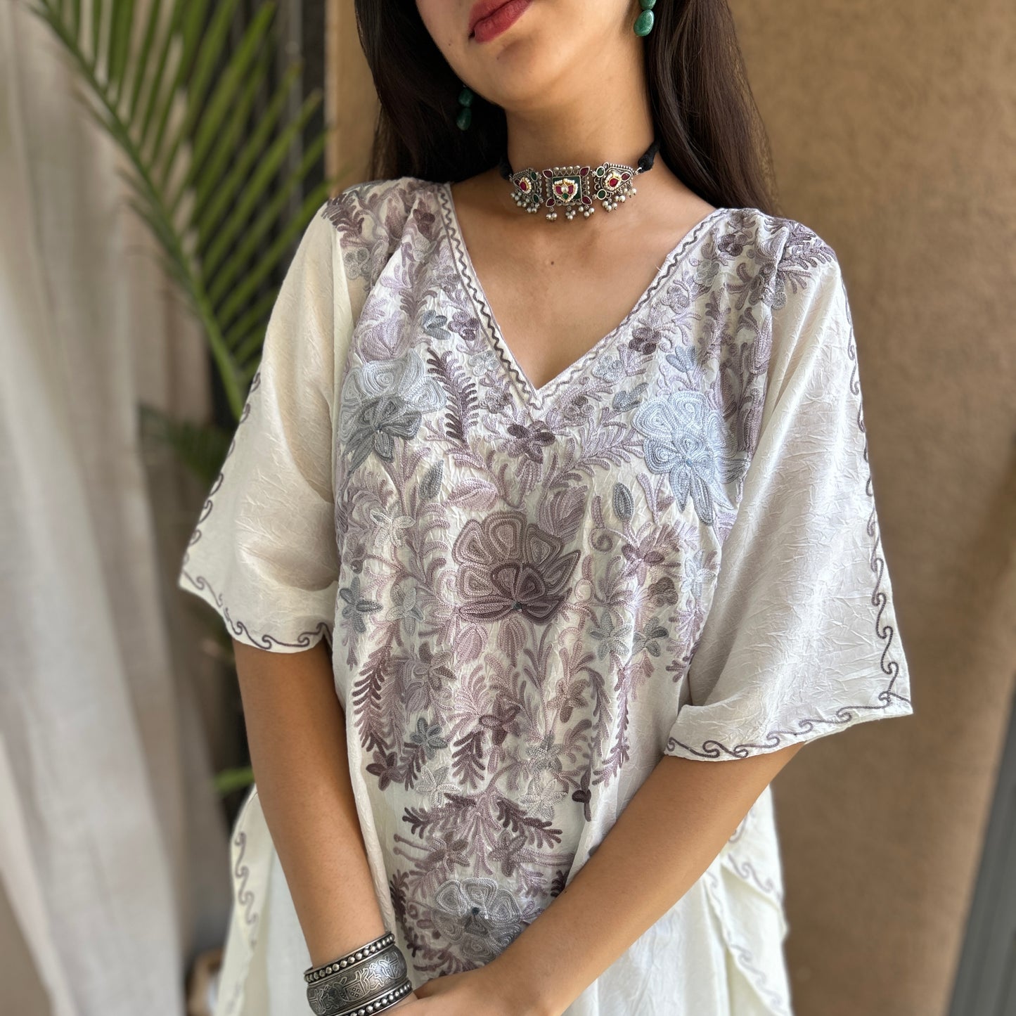 White and Lavender Cotton Kaftan