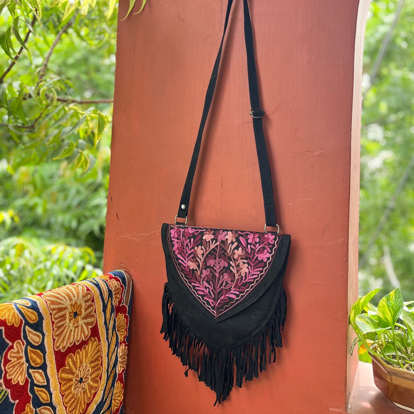 Black Kashmiri Sling Bags with Fringes 01