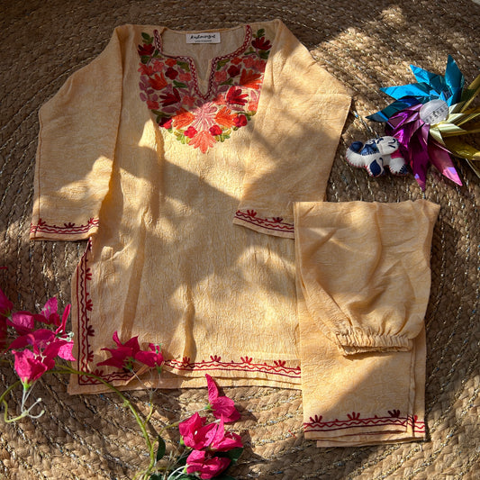 Beige Kashmiri Kids Kurti Set (3-4y)