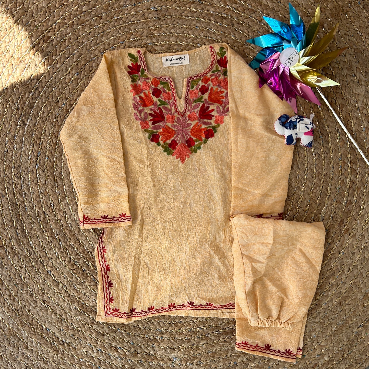 Beige Kashmiri Kids Kurti Set (2-3y)