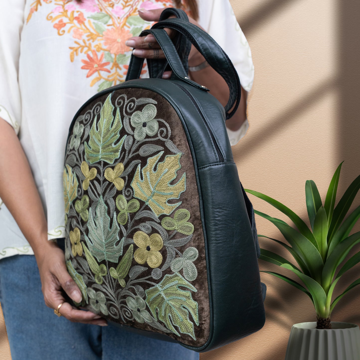 Green Kashmiri Velvet Chinar Bagpack