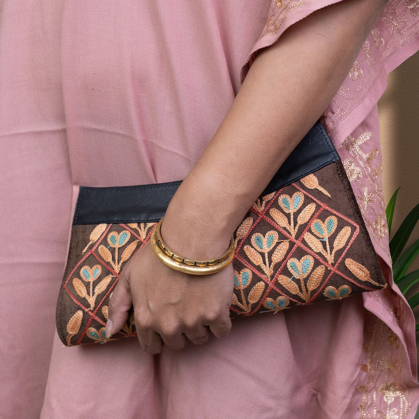 Brown with Black Kashmiri Velvet Clutch