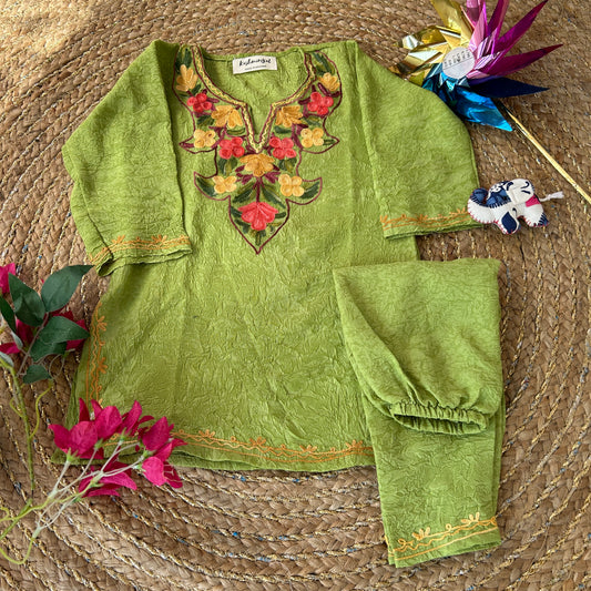 Green Kashmiri Kids Kurti Set (upto 2y)