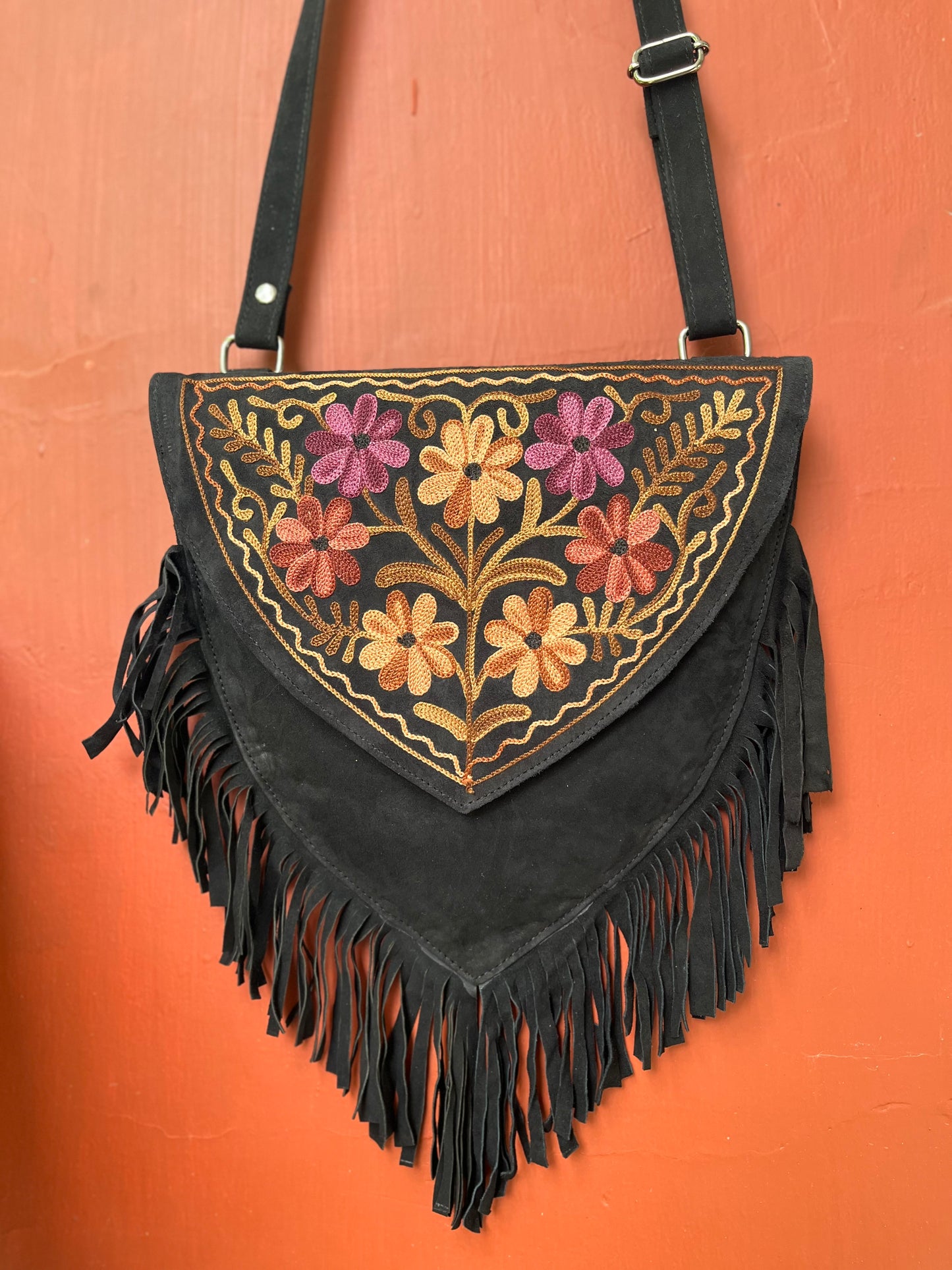 Black Kashmiri Sling Bag with Purple Flowers