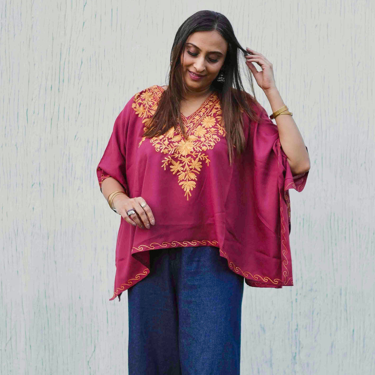 Maroon Kashmiri Cotton Kaftan Top