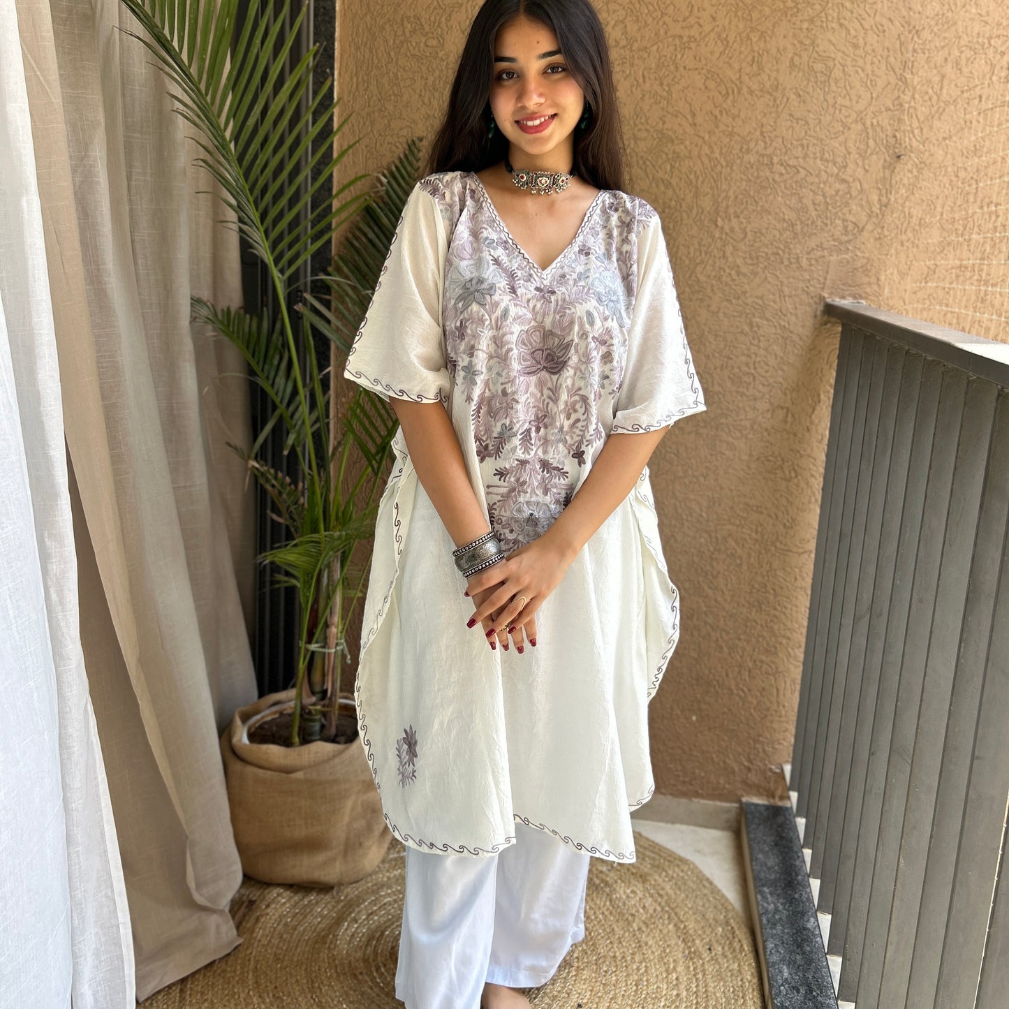 White and Lavender Cotton Kaftan