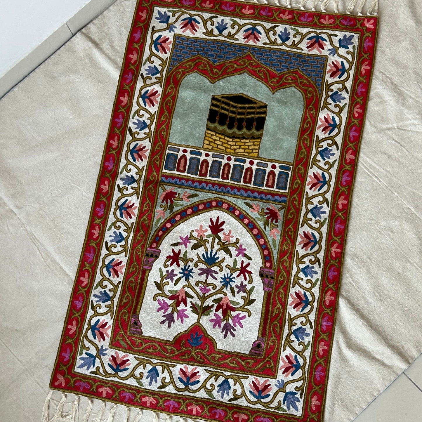 Kashmiri Prayer Rug with Mecca Motif