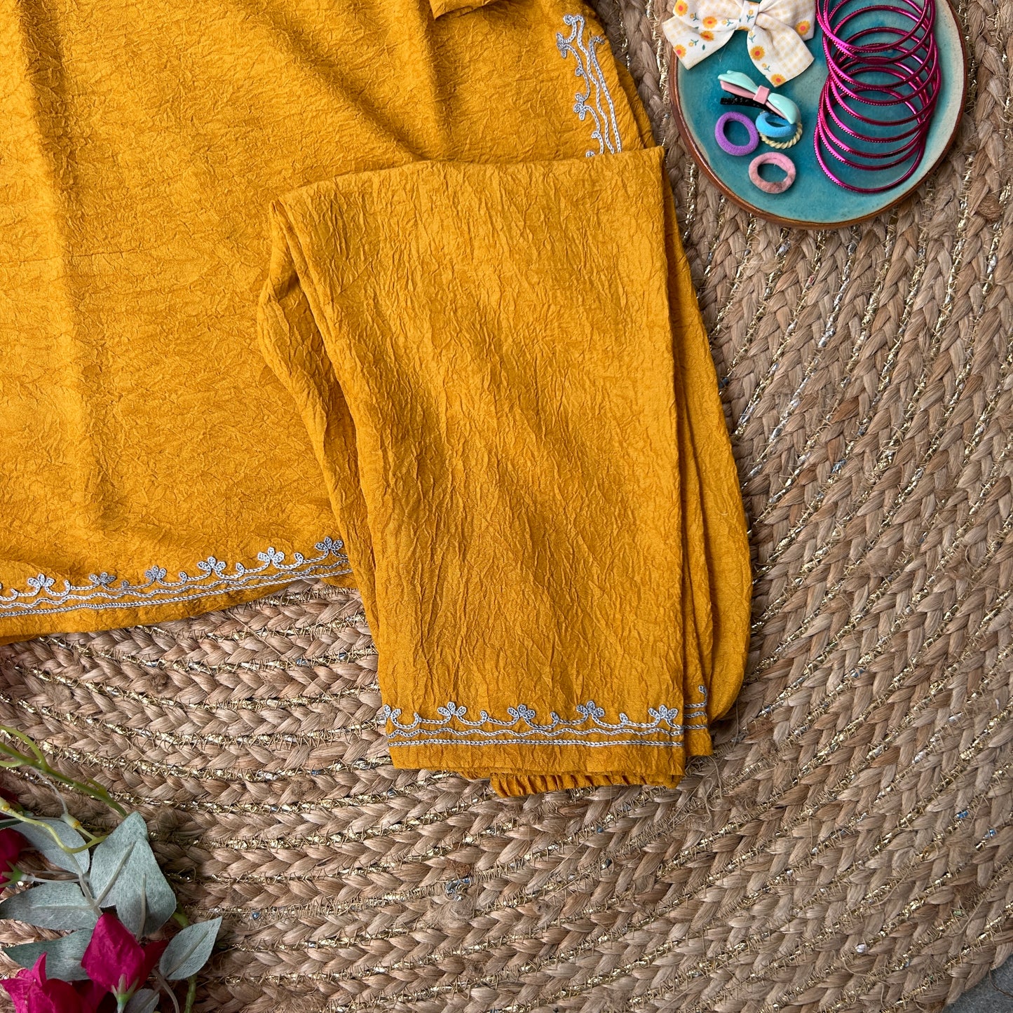Mustard Blue Kashmiri Kids Kurti Set (4-6y)