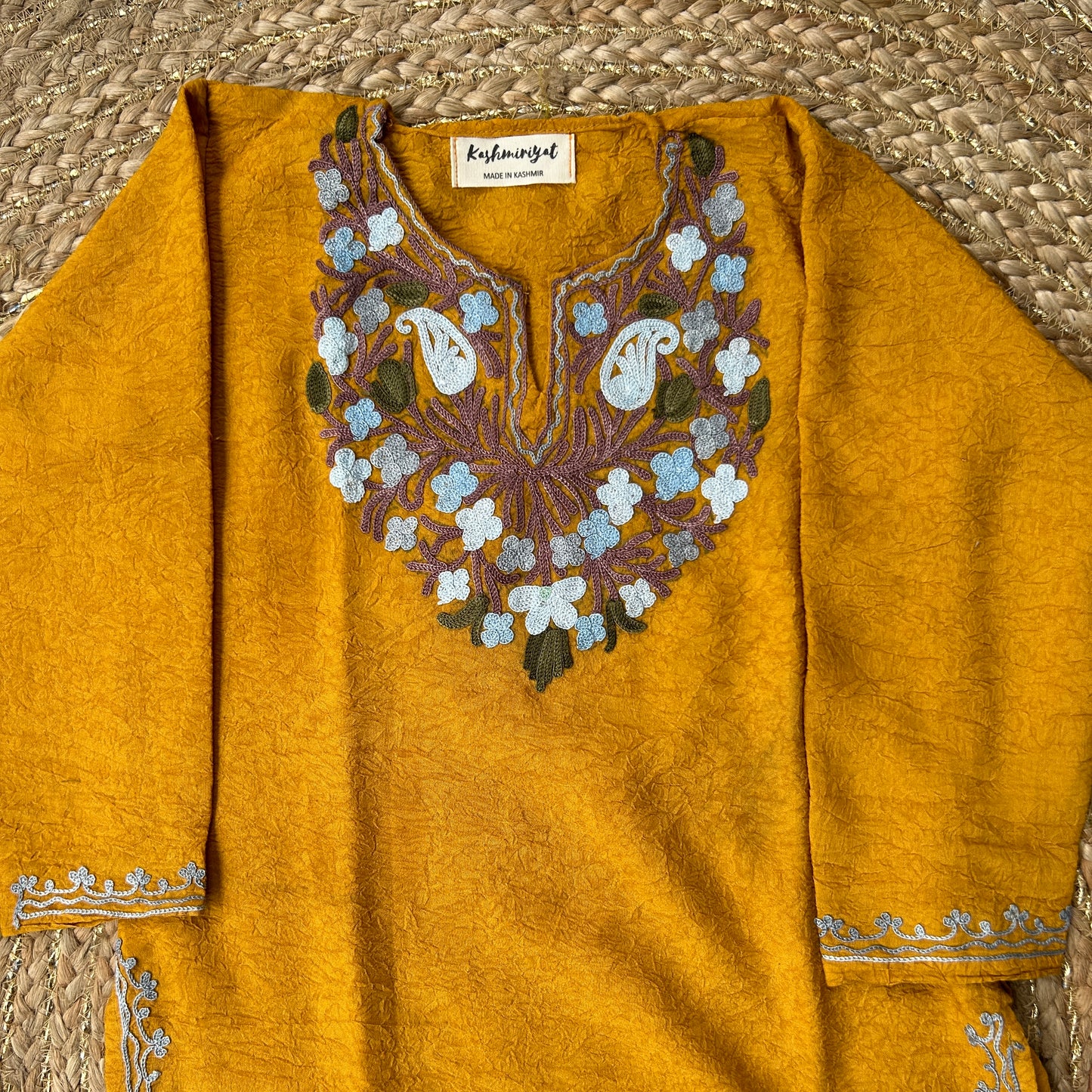 Mustard Blue Kashmiri Kids Kurti Set (4-6y)