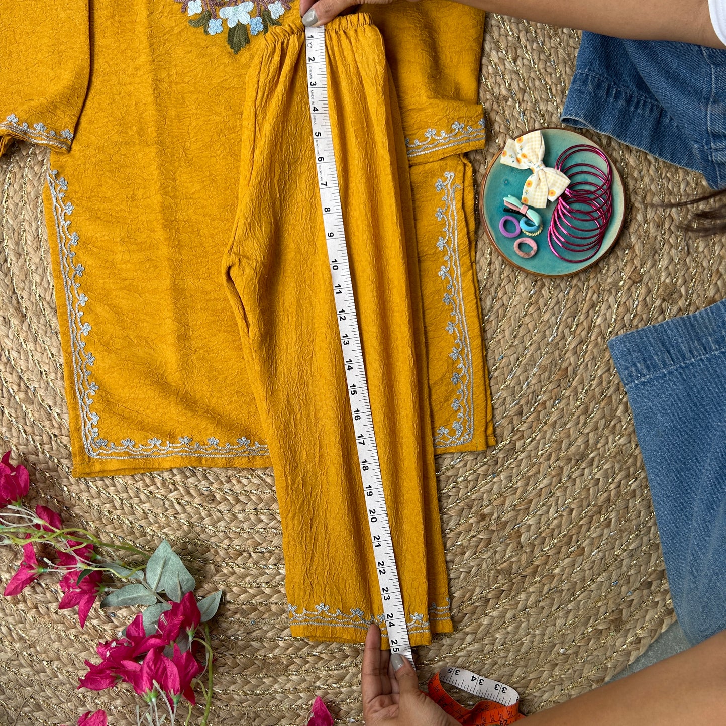 Mustard Blue Kashmiri Kids Kurti Set (4-6y)