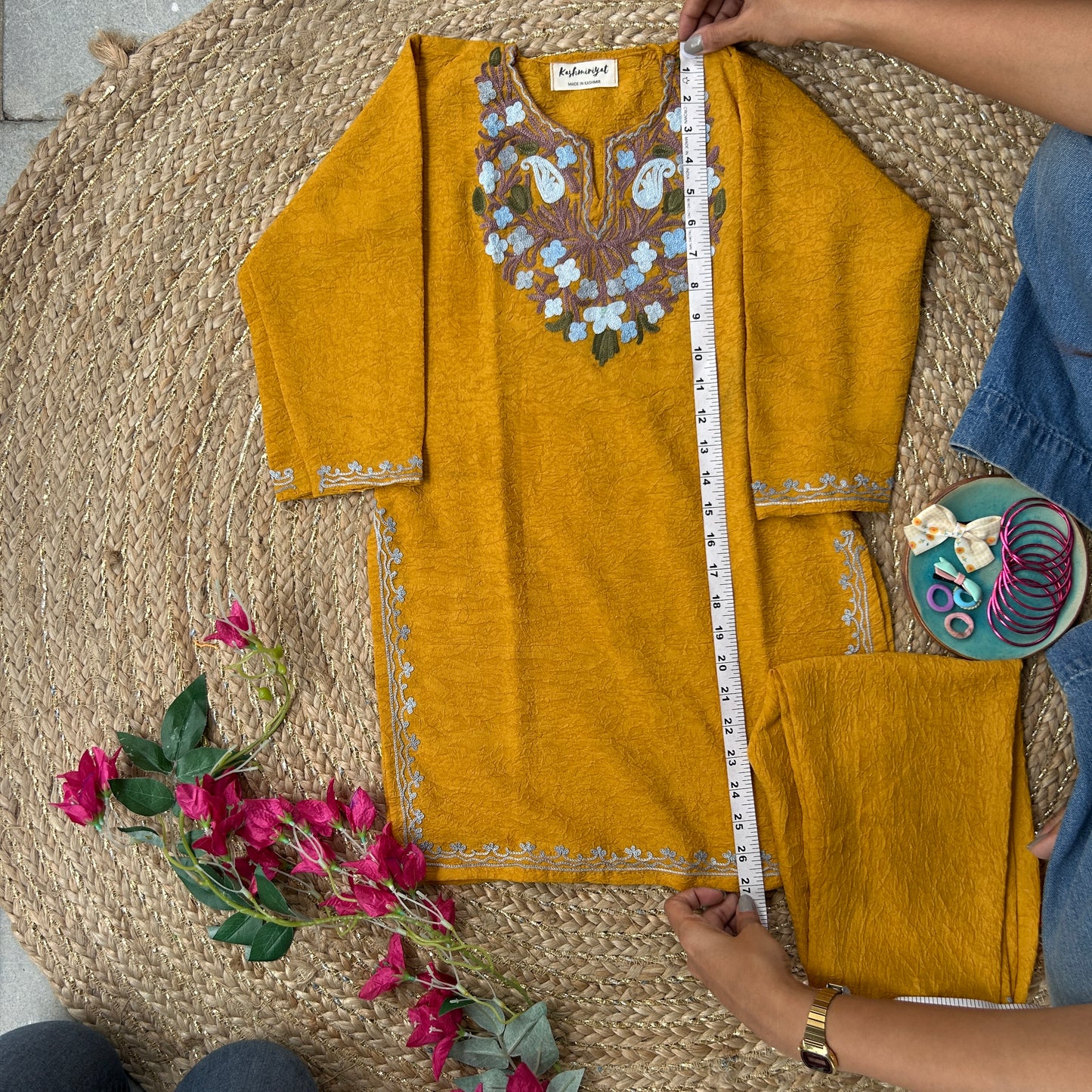 Mustard Blue Kashmiri Kids Kurti Set (4-6y)