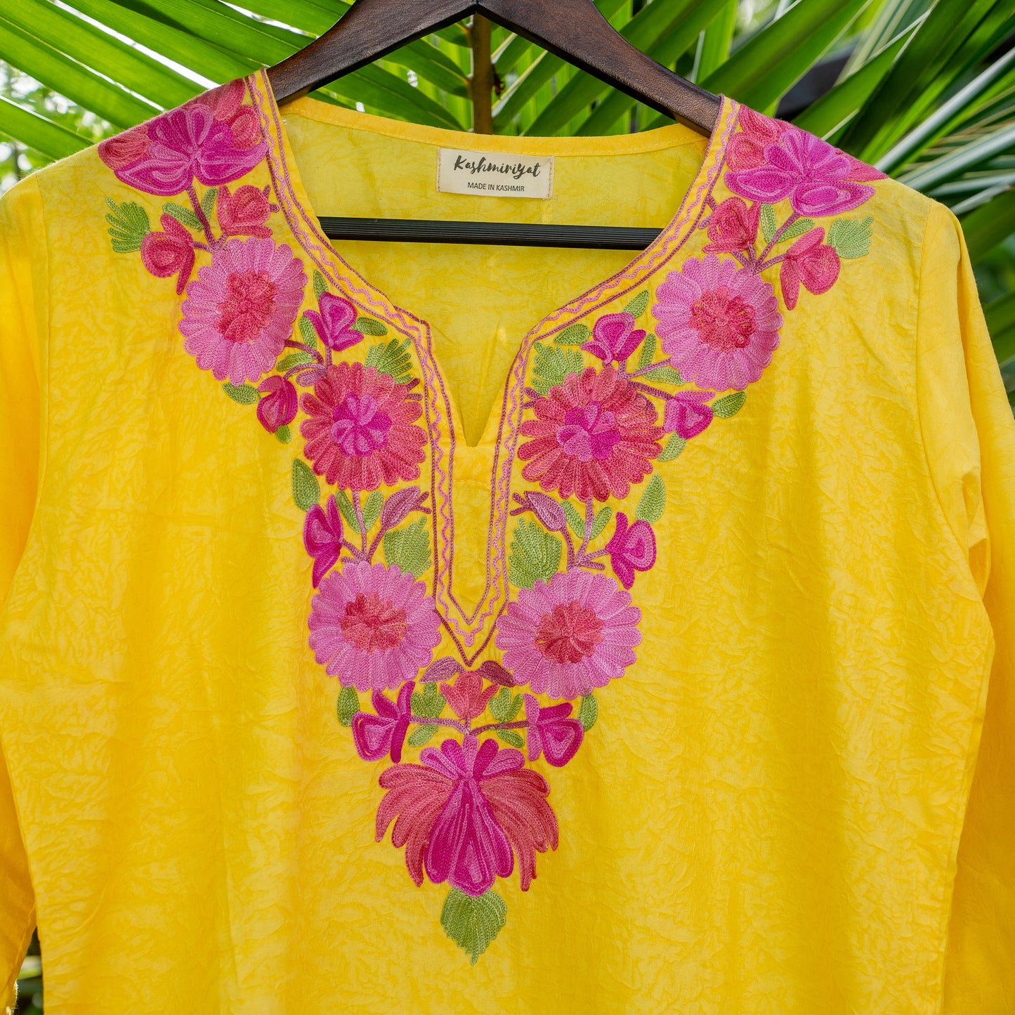 Yellow Kashmiri Kurti with Pink embroidery