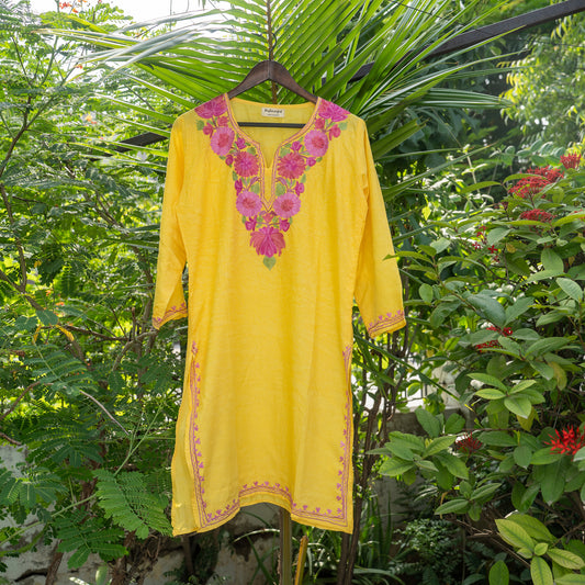 Yellow Kashmiri Kurti with Pink