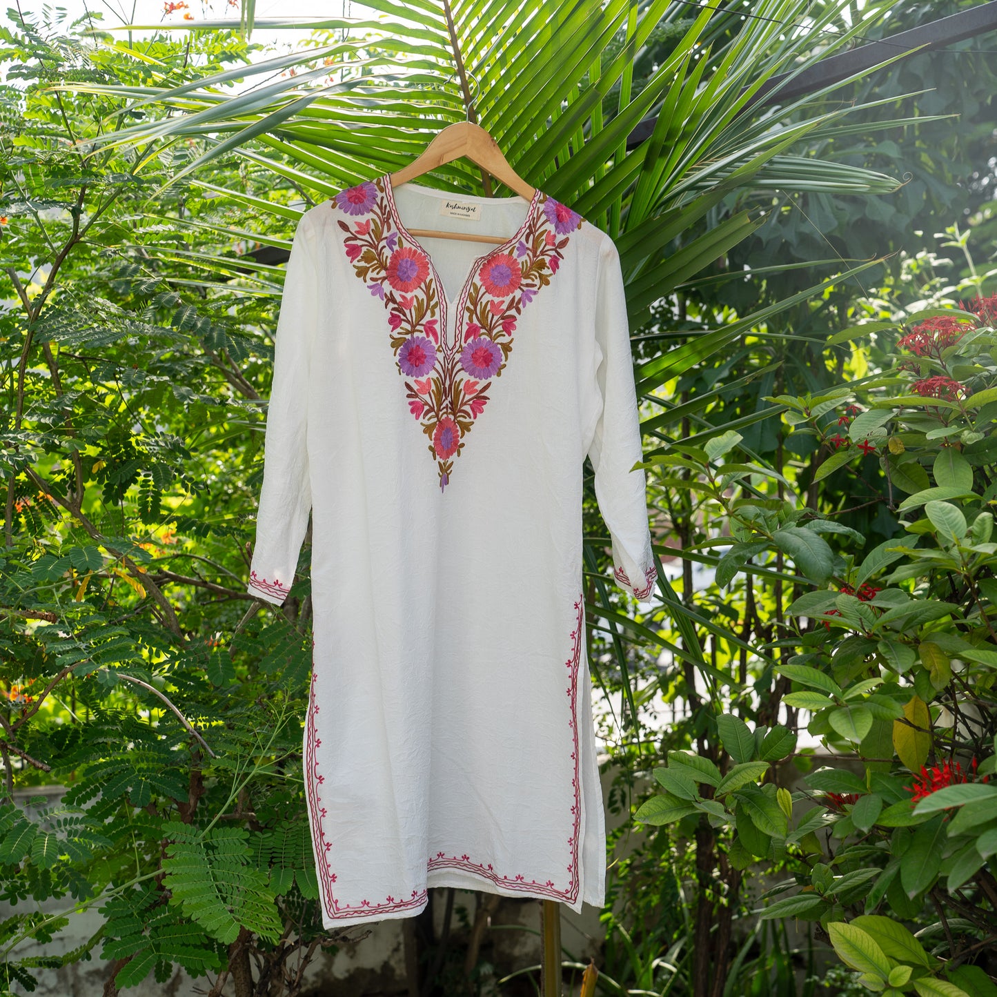 White Kashmiri Kurti with Pink embroidery