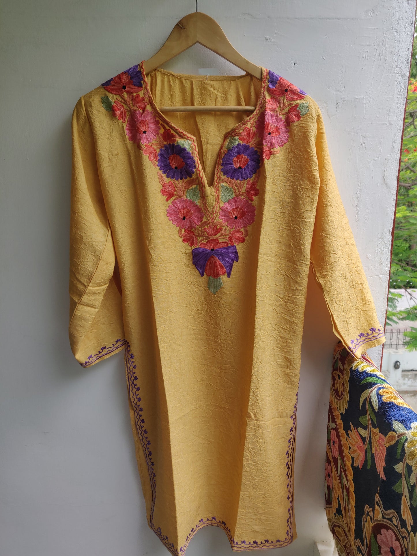 Yellow Purple Motifs Kashmiri Kurti