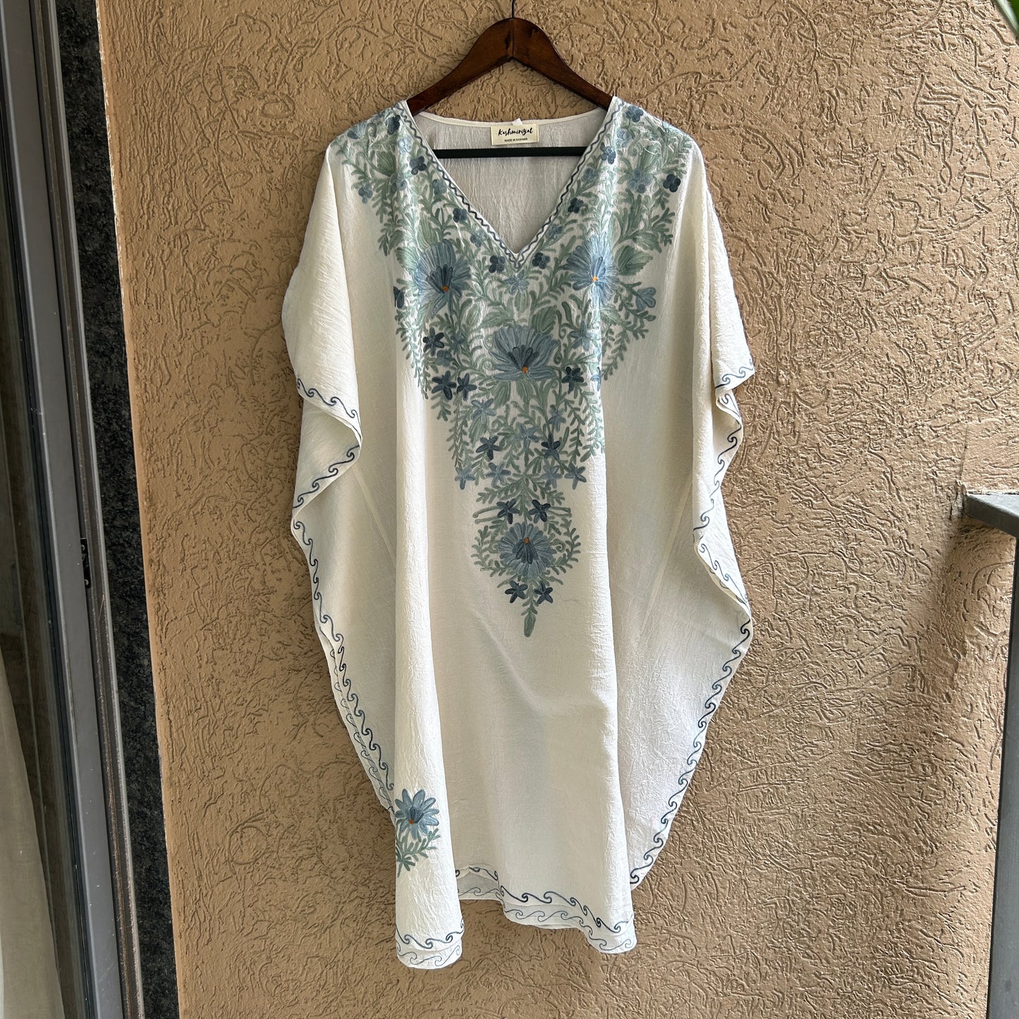 White and Pastel Green Cotton Kaftan