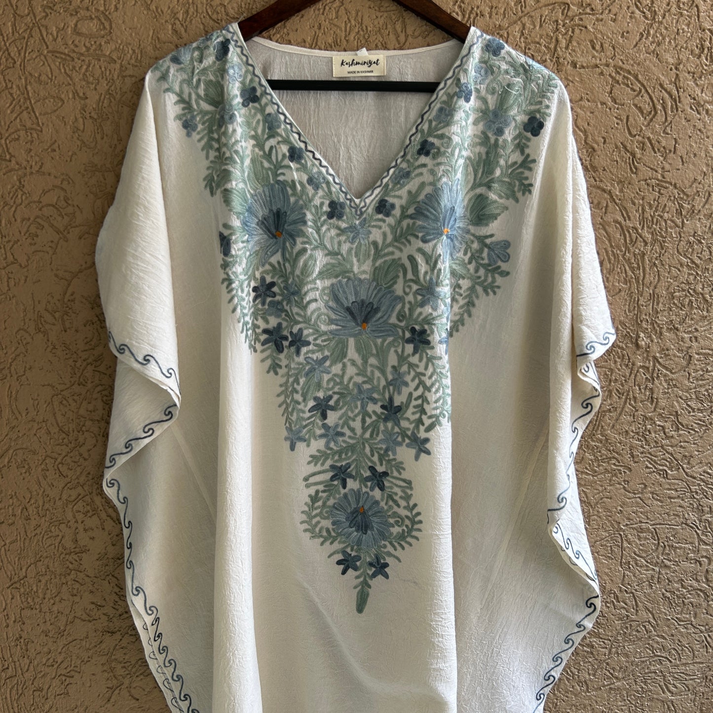 White and Pastel Green Cotton Kaftan
