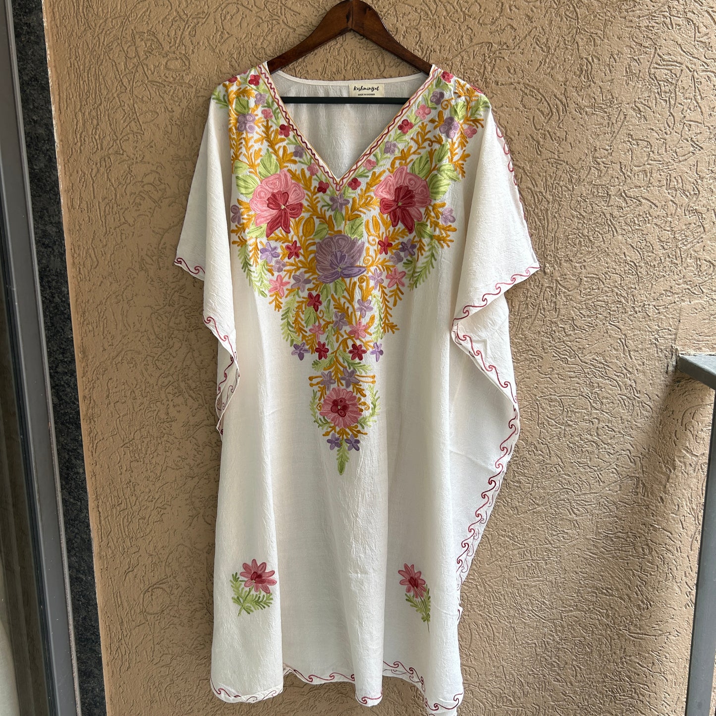 White Floral Kashmiri Cotton Kaftan