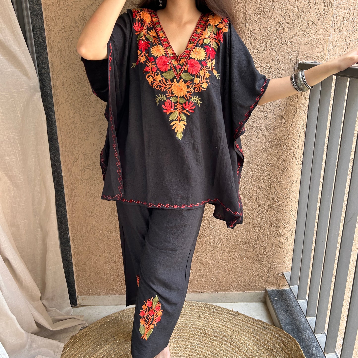 Black Short Cotton Kaftan Co-ord Set