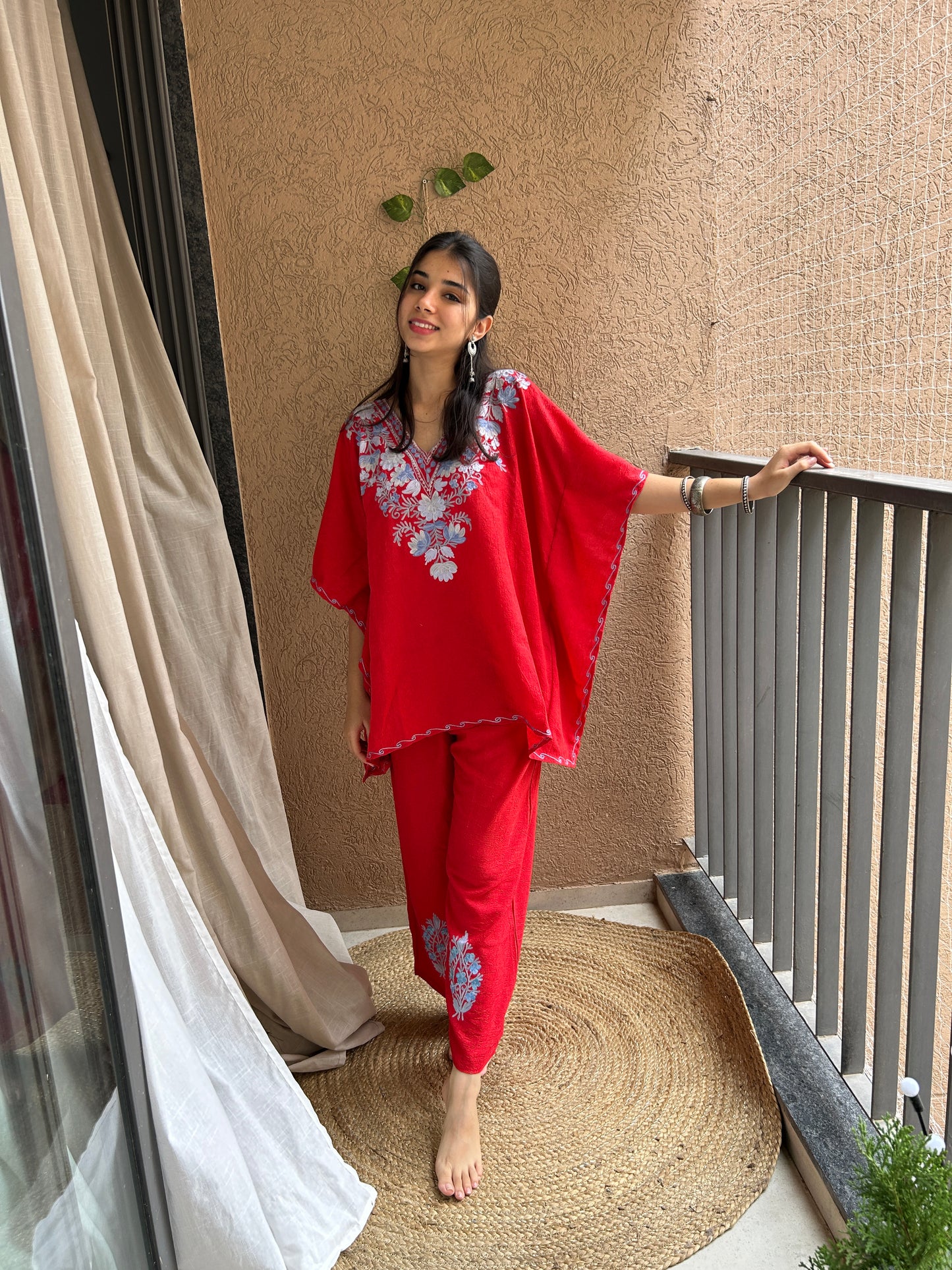 Red Short Cotton Kaftan Co-ord Set
