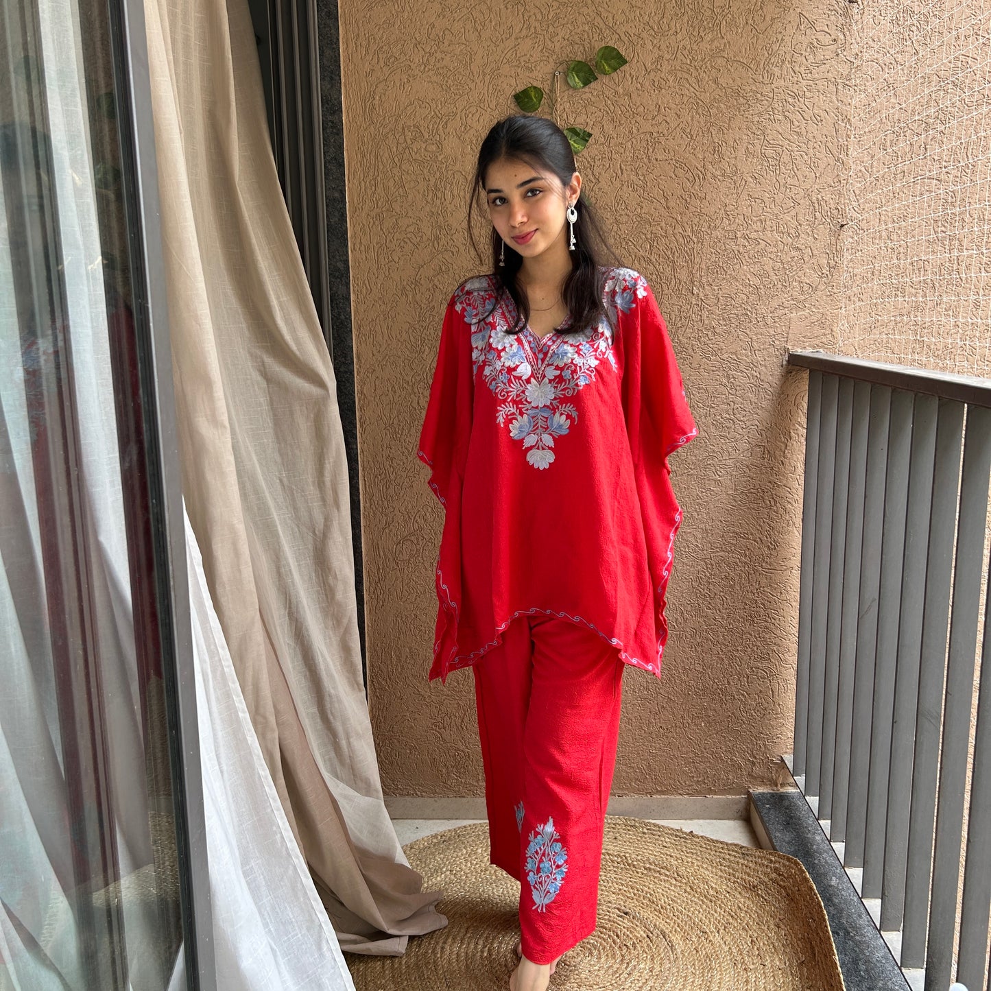 Red Short Cotton Kaftan Co-ord Set