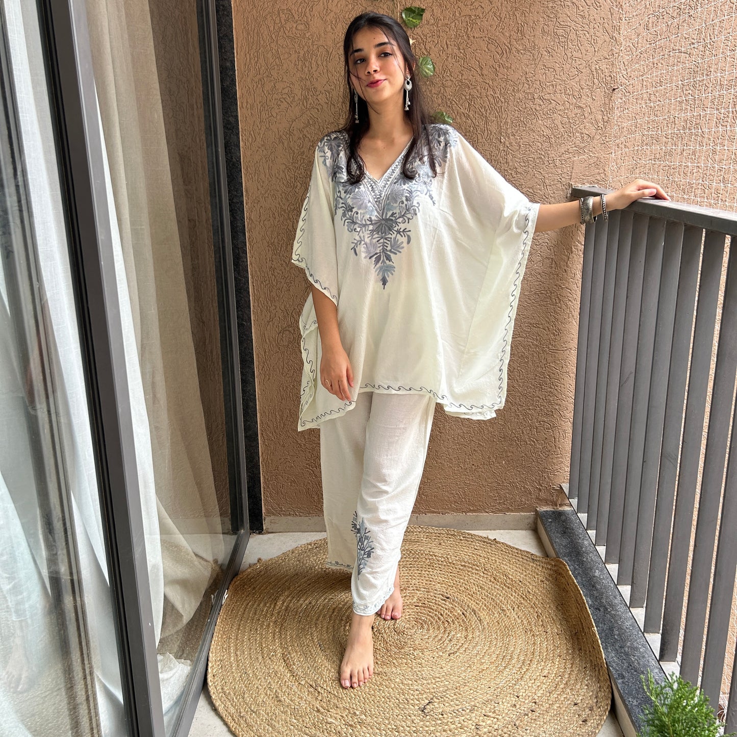 White Short Cotton Kaftan Co-ord Set