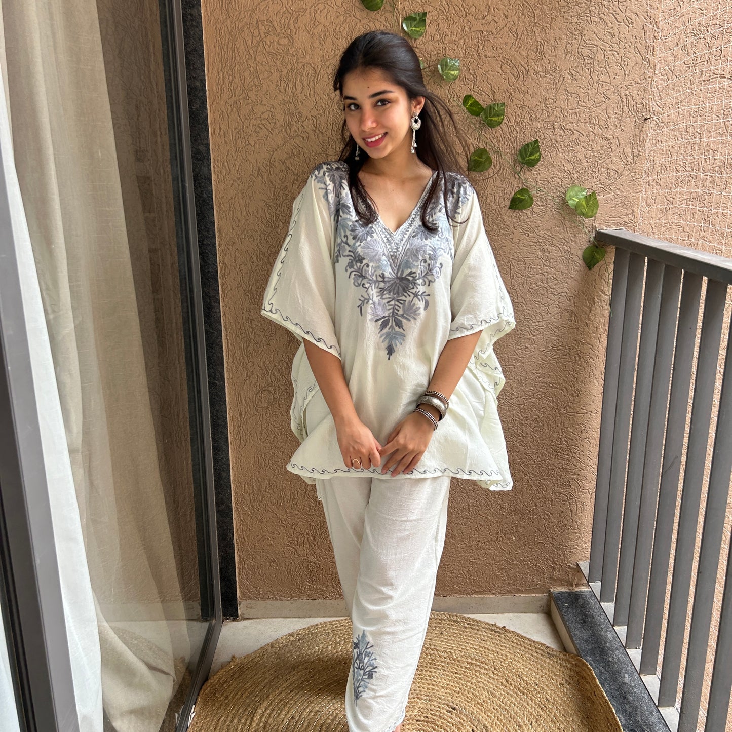 White Short Cotton Kaftan Co-ord Set
