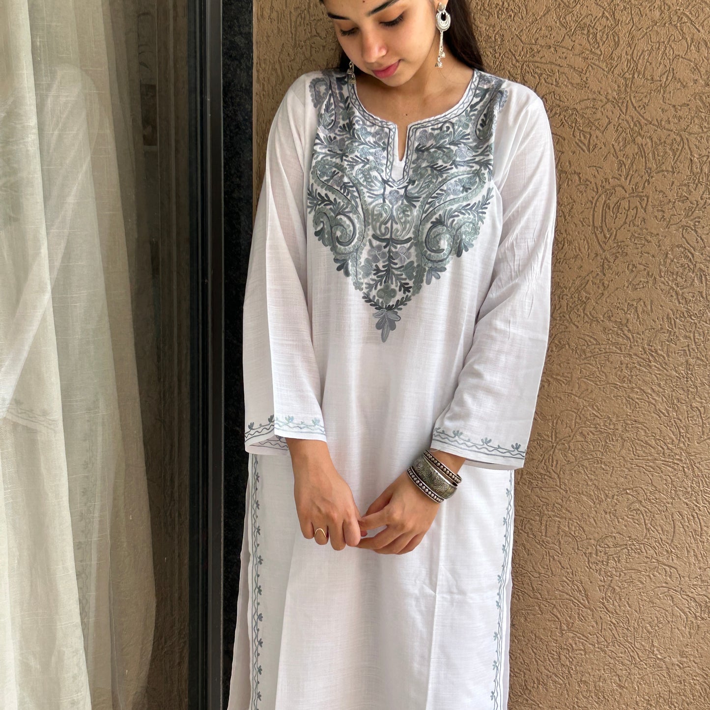 White and Grey Cotton Kashmiri Kurti (Size 42)