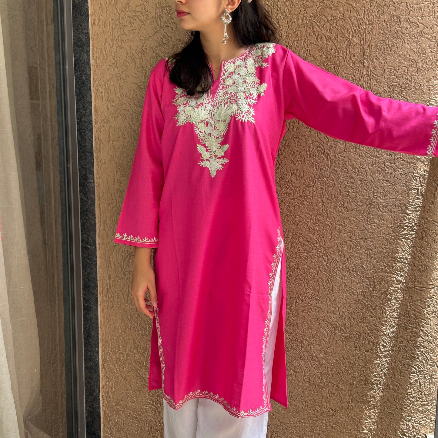 Pink Floral Cotton Kashmiri Kurti (Size 42)