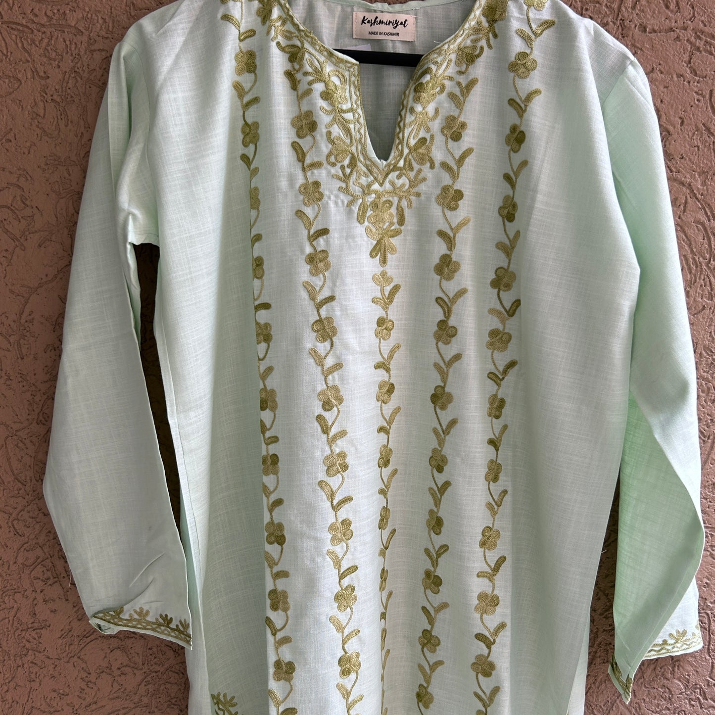 Pastel Green Cotton Kashmiri Kurti (Size 44)