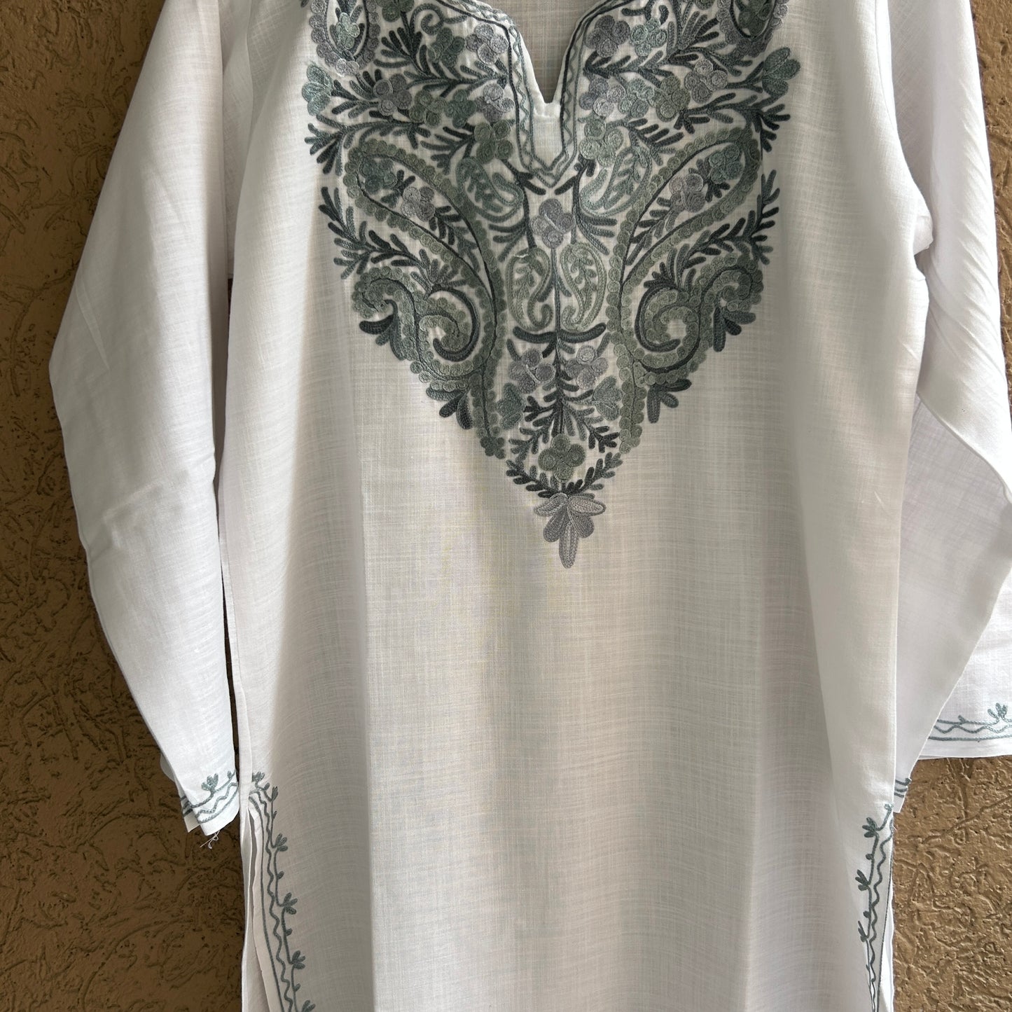 White and Grey Cotton Kashmiri Kurti (Size 42)
