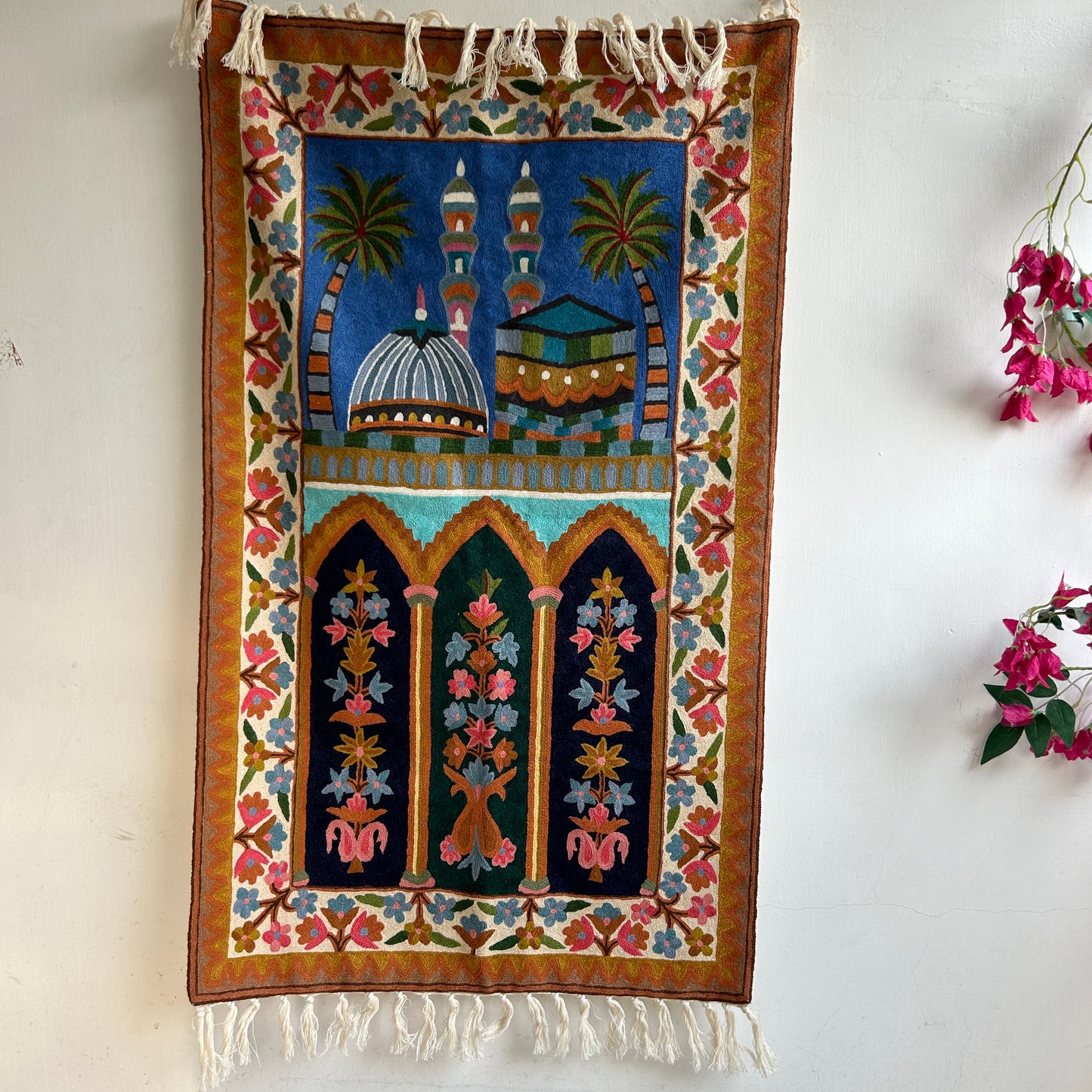 Kashmiri Prayer Rug with Mecca and Medina Motif