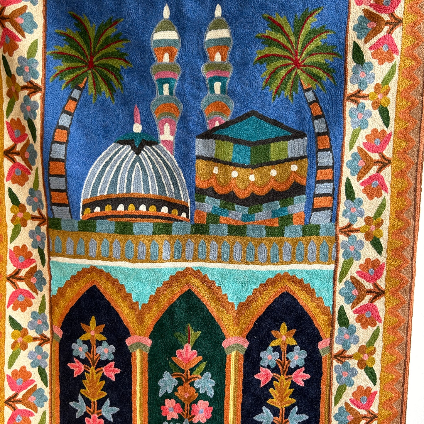 Kashmiri Prayer Rug with Mecca and Medina Motif