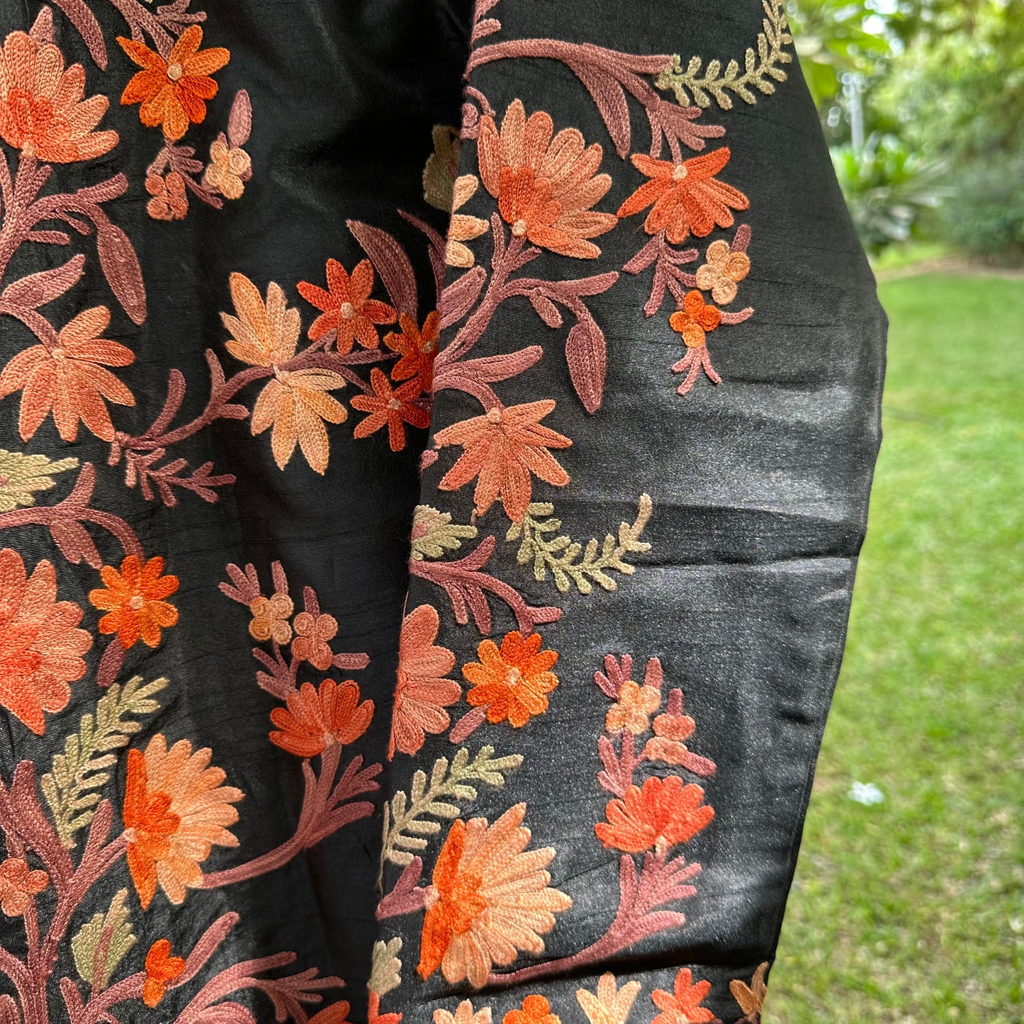 Kashmiri Black-Orange Full Embroidery Silk Jacket
