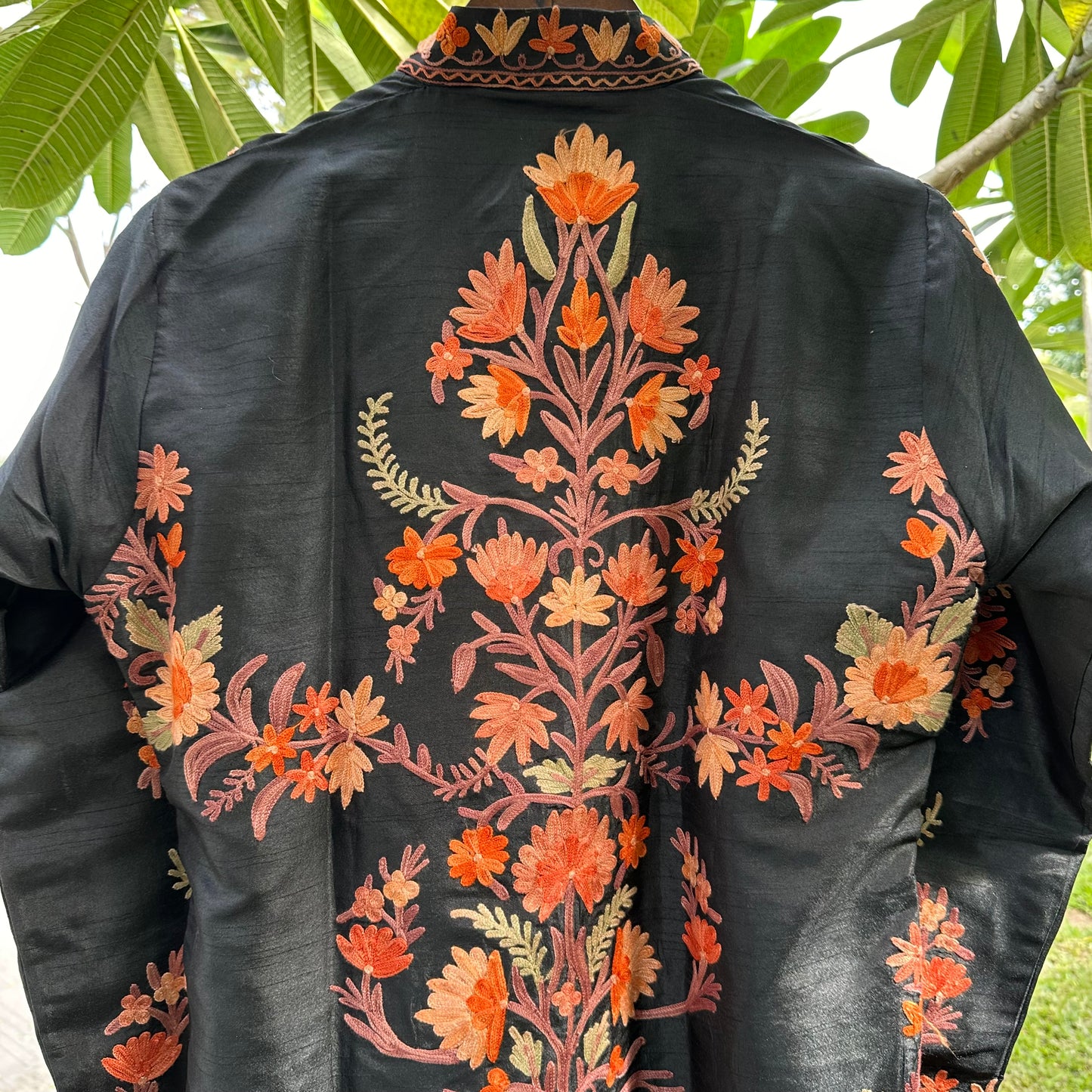 Kashmiri Black-Orange Full Embroidery Silk Jacket