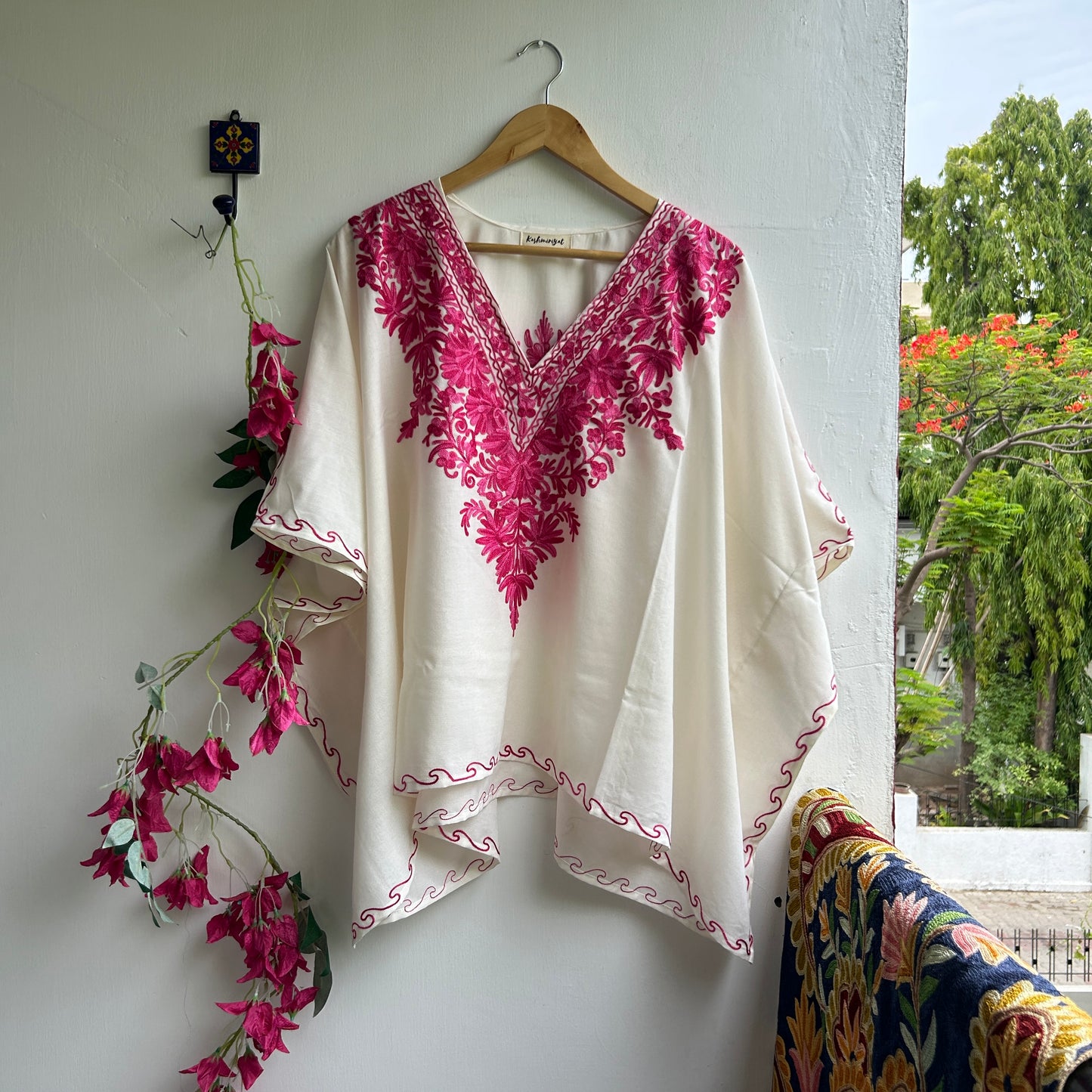 White and Pink Kashmiri Cotton Kaftan Top