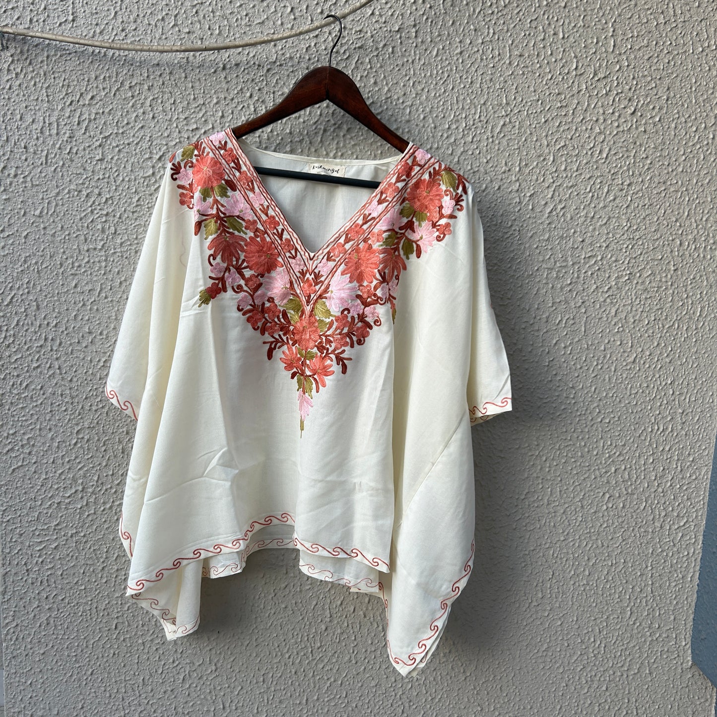 Off White Floral Cotton Kaftan Top