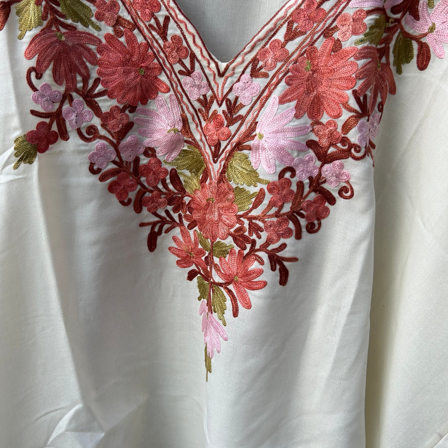 Off White Floral Cotton Kaftan Top