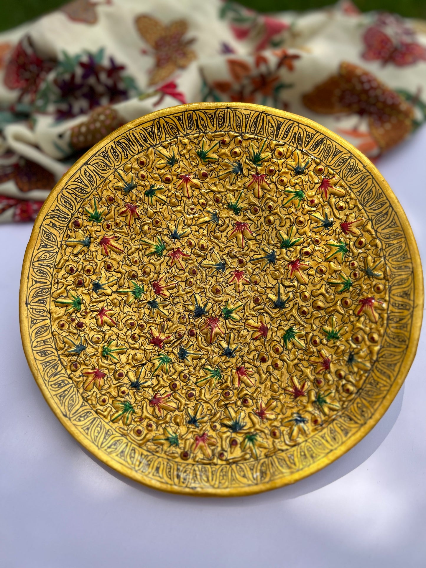 Papier Mache Wall Plates with Golden Flowers