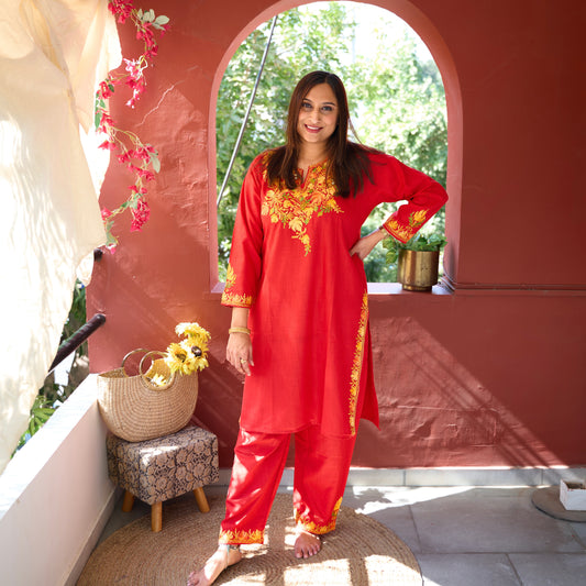 Red Cotton Kurti Set