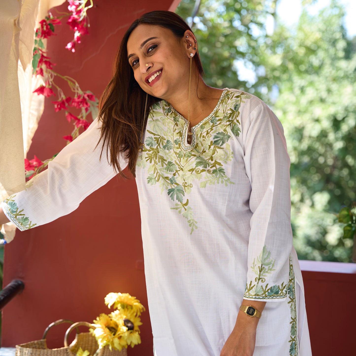 White Kashmiri Kurti Co-Ord Set