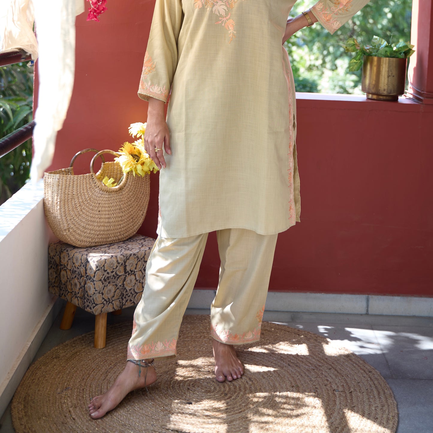 Beige Kashmiri Kurti Co-Ord Set