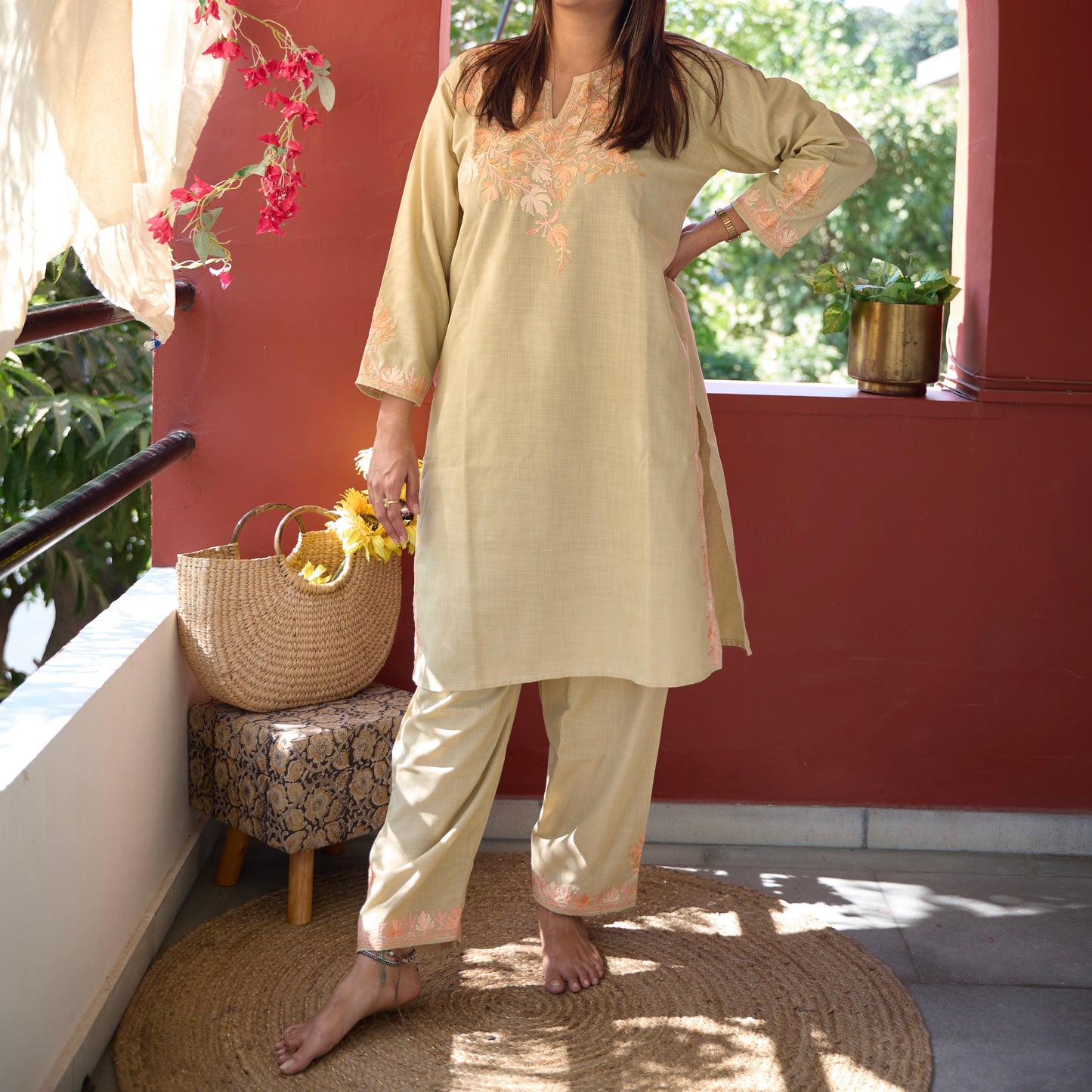 Beige Kashmiri Kurti Co-Ord Set