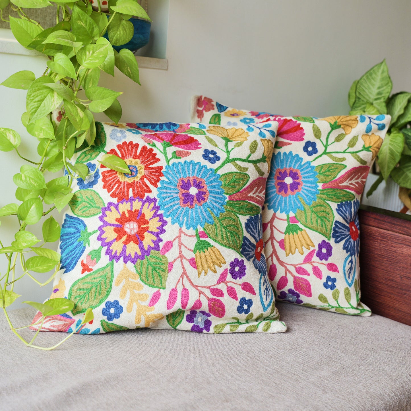 Floral Cushion Covers with Hand Embroidery (Set of 2)