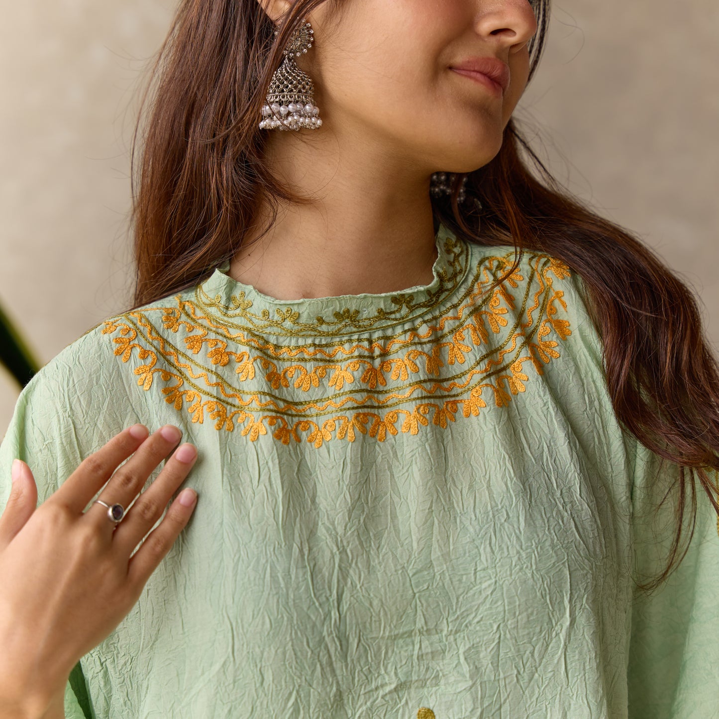 Green Cotton Kaftan with Collar