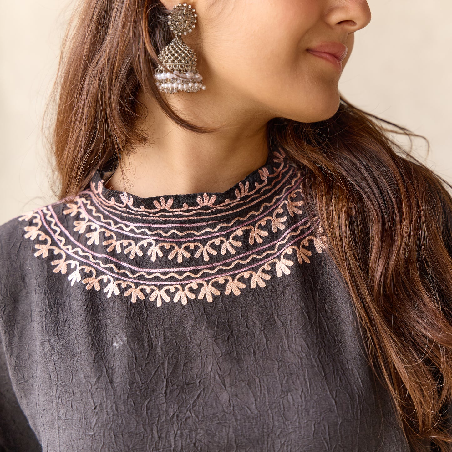 Black Cotton Collar Kashmiri Kaftan