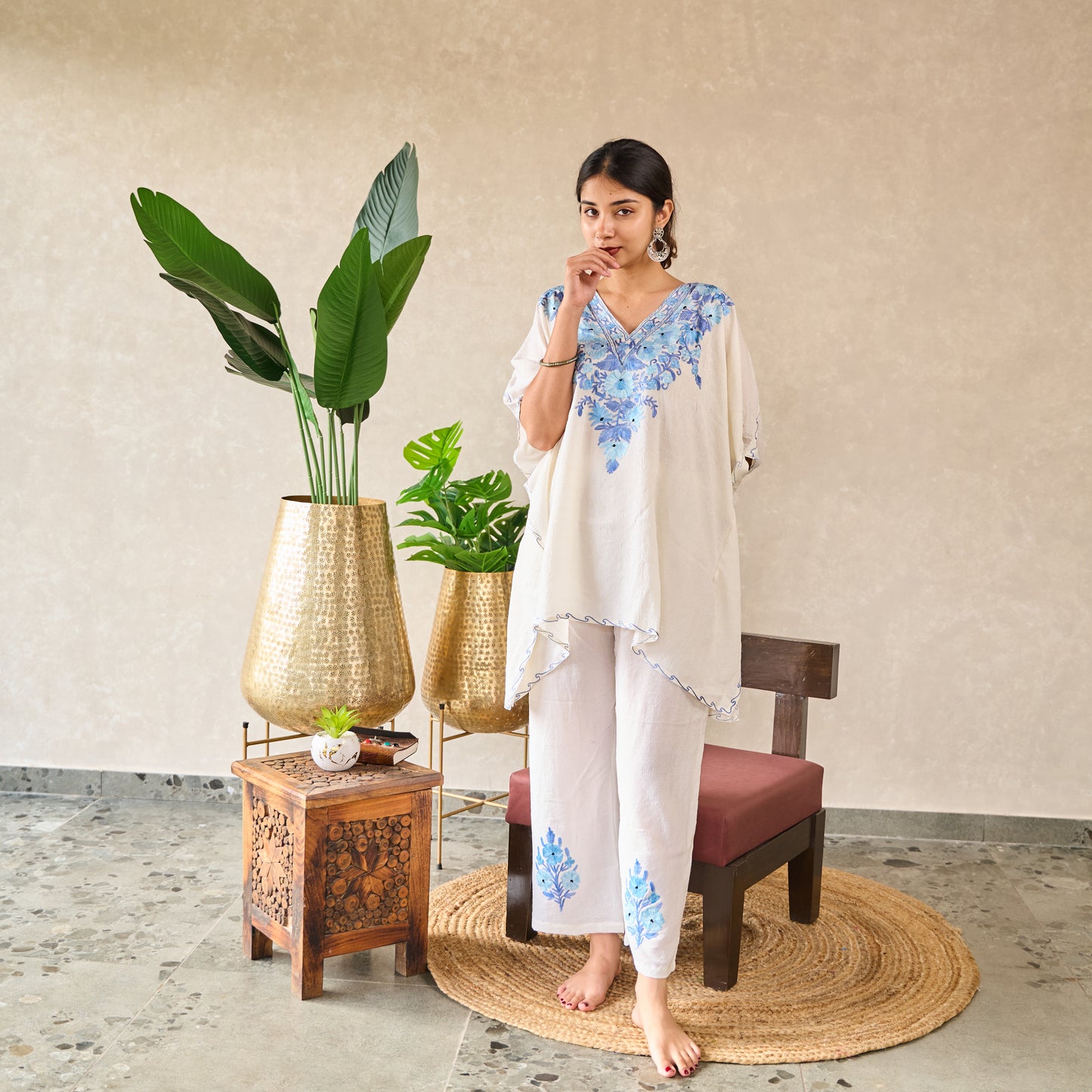 White and Blue Cotton Kaftan Set