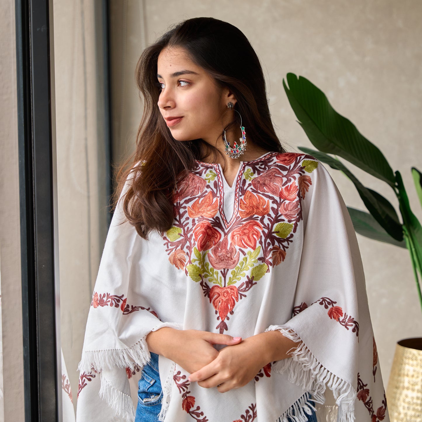 White Kashmiri Poncho