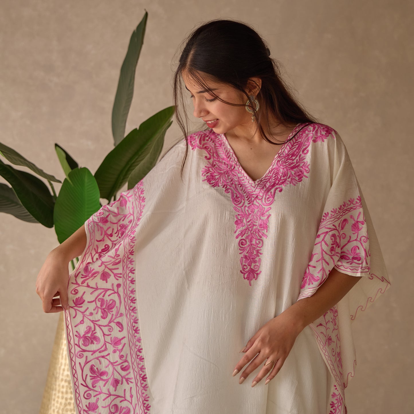 White with Pink Jhal Kashmiri Kaftan