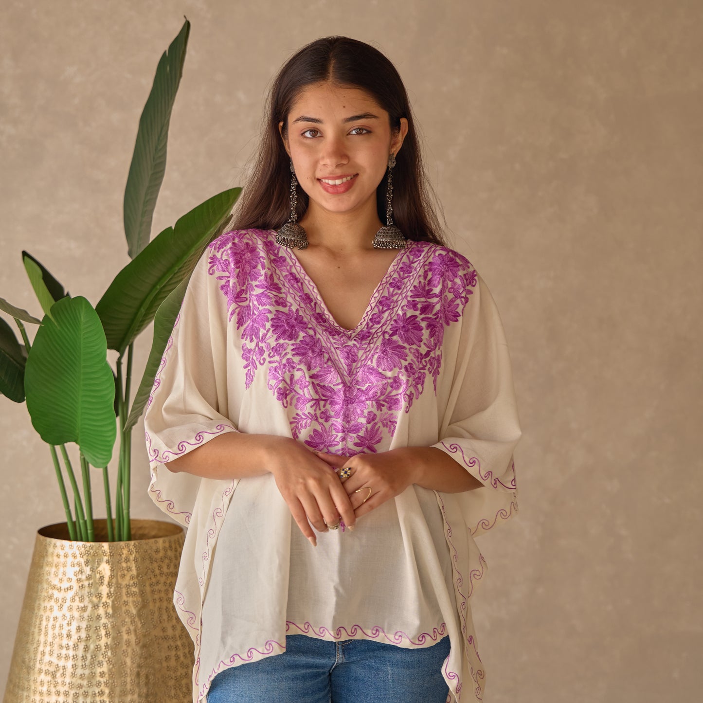 White with Purple Kashmiri Kaftan Top